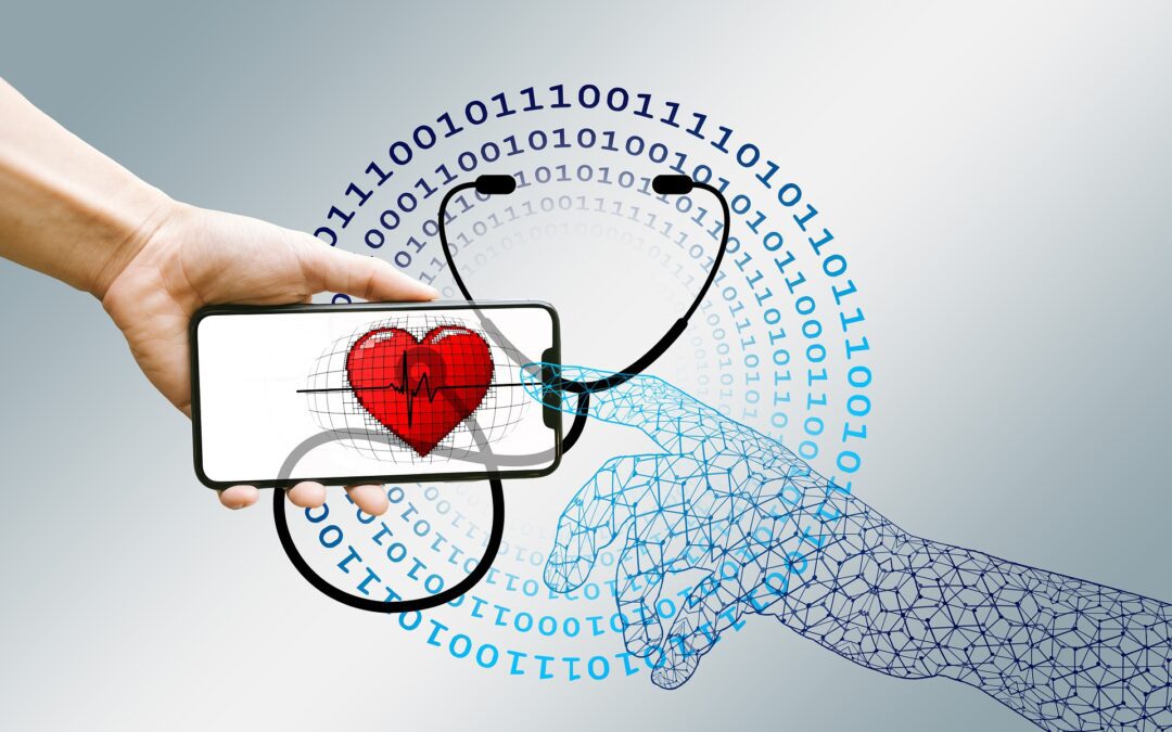 A human hand and a digital hand touch with index fingers while a phone with a picture of a heart on the screen and a stethoscope attached in place of earphones is placed at the center.